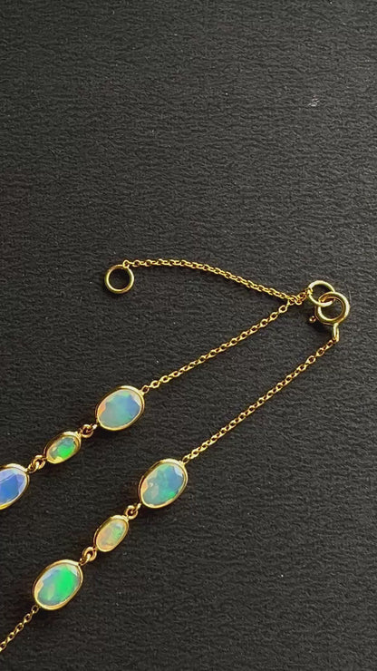 Natural Opal Bezel Set 18K Yellow Gold Opalescence Station Necklace and Bracelet