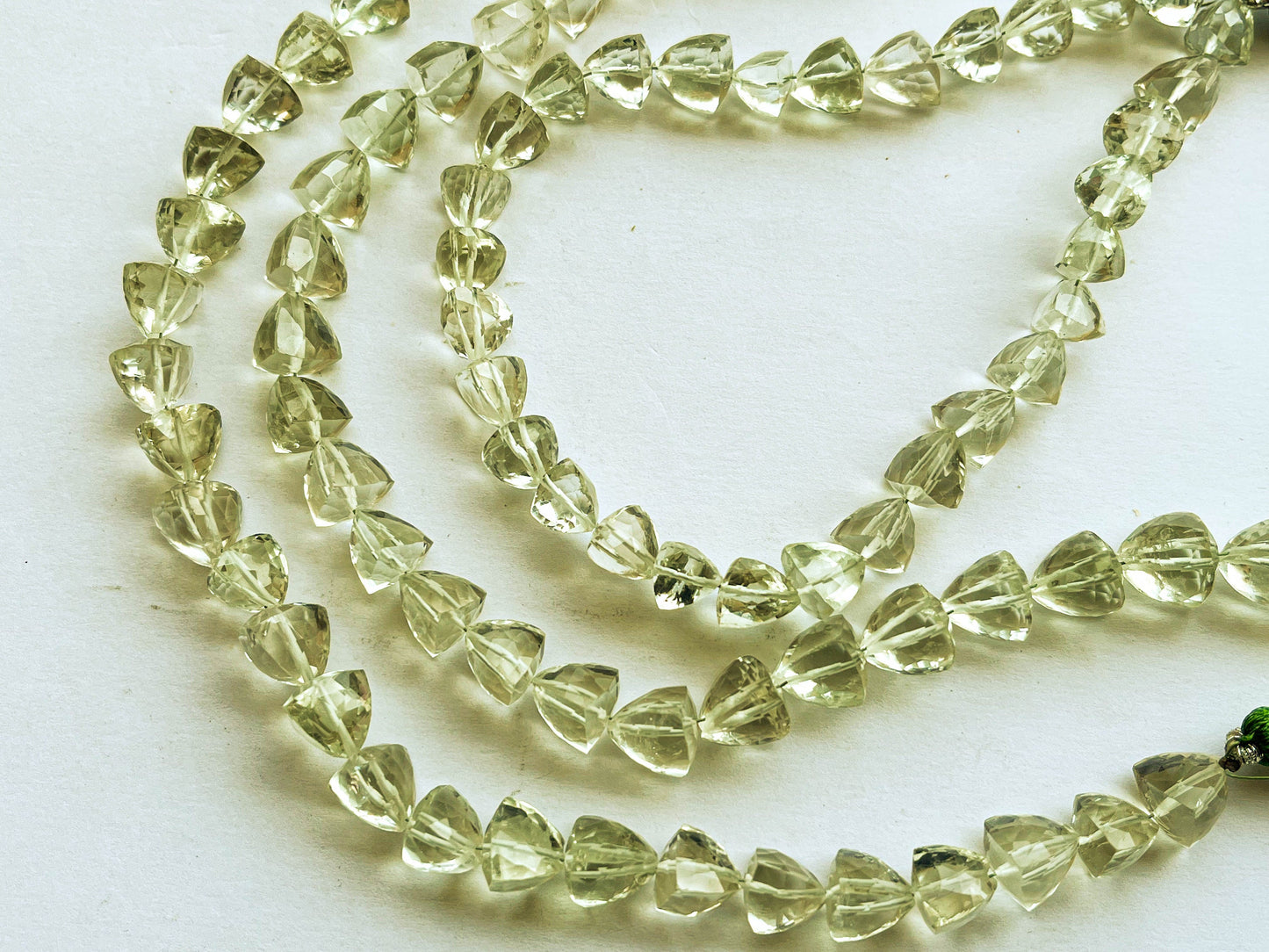 Green Amethyst 3D Pyramid Shape Faceted Briolette Beads, Center Drill, Natural Gemstone Beads, 8mm to 9mm, 27 Pieces String
