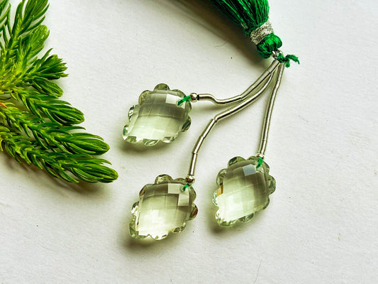 3 Pieces GREEN AMETHYST Flower Carving Beads, Green Amethyst Flower Carving, Green Amethyst Carving Beads, Green Amethyst Beads