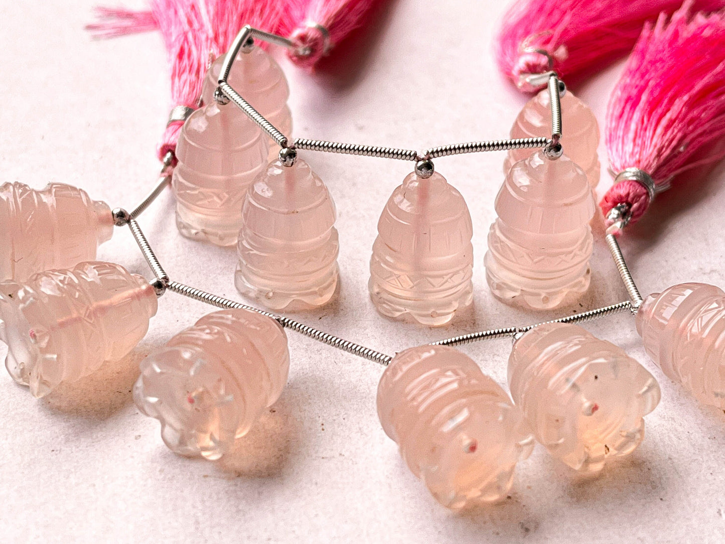 Pink Onyx Flower Carved Bell Shape Beads