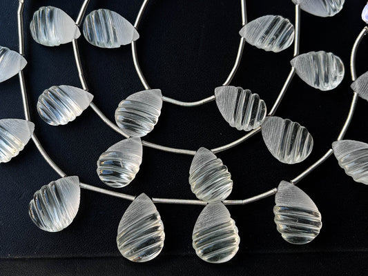 Natural Crystal Frosted Carved pear Shape Beads, 8 Pieces